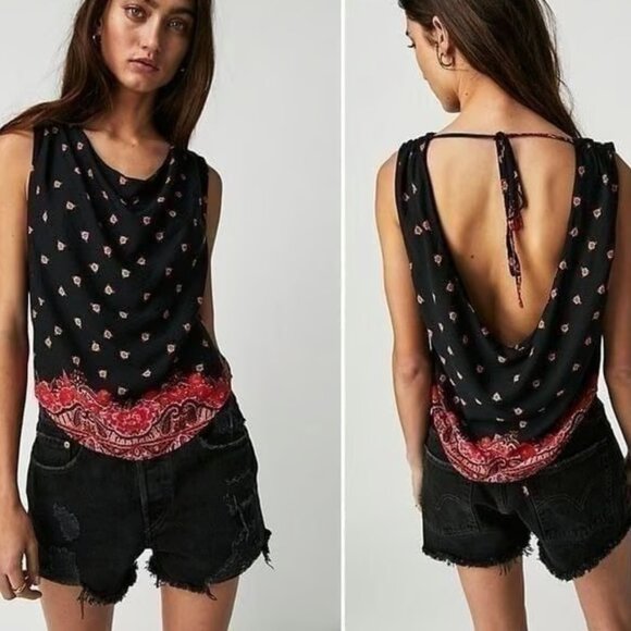 Free People Tops - Free People Black Open Back Tank with Red Paisley Hem - XL